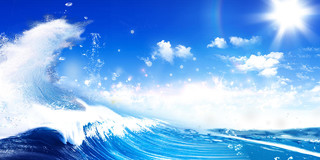 蓝色场景天空太阳大海海浪水花夏日夏季展板背景夏日夏天夏季背景